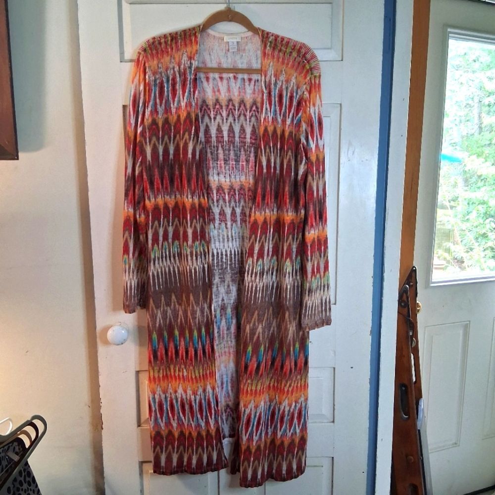 Chico's Linen Blend Colorful Patterned Long Open Cardigan
